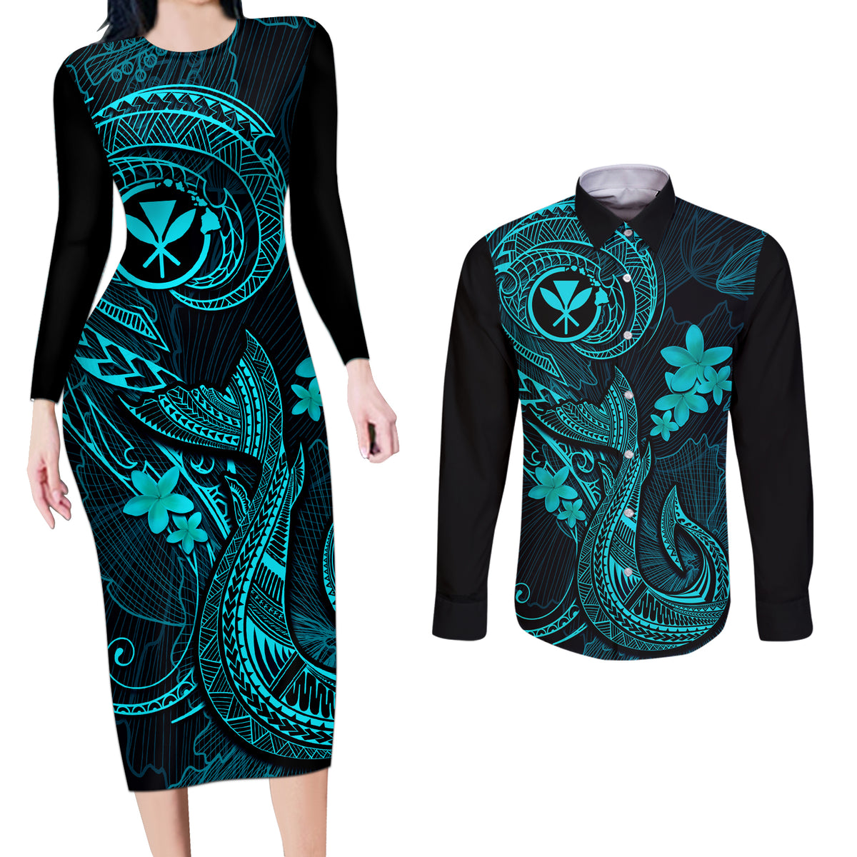 Hawaii Couples Matching Long Sleeve Bodycon Dress and Long Sleeve Button Shirts Fish Hook Tattoo Mix Polynesian Plumeria Turquoise Version LT14 Turquoise - Polynesian Pride