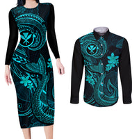 Hawaii Couples Matching Long Sleeve Bodycon Dress and Long Sleeve Button Shirts Fish Hook Tattoo Mix Polynesian Plumeria Turquoise Version LT14 Turquoise - Polynesian Pride
