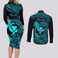 Hawaii Couples Matching Long Sleeve Bodycon Dress and Long Sleeve Button Shirts Fish Hook Tattoo Mix Polynesian Plumeria Turquoise Version LT14 - Polynesian Pride