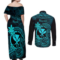 Hawaii Couples Matching Off Shoulder Maxi Dress and Long Sleeve Button Shirts Fish Hook Tattoo Mix Polynesian Plumeria Turquoise Version LT14 - Polynesian Pride