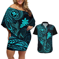 Hawaii Couples Matching Off Shoulder Short Dress and Hawaiian Shirt Fish Hook Tattoo Mix Polynesian Plumeria Turquoise Version LT14 Turquoise - Polynesian Pride