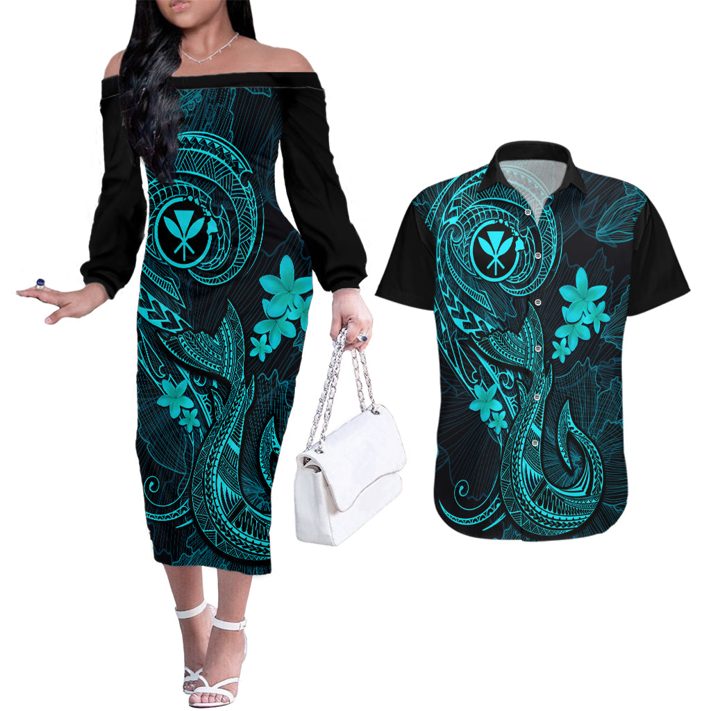 Hawaii Couples Matching Off The Shoulder Long Sleeve Dress and Hawaiian Shirt Fish Hook Tattoo Mix Polynesian Plumeria Turquoise Version LT14 Turquoise - Polynesian Pride