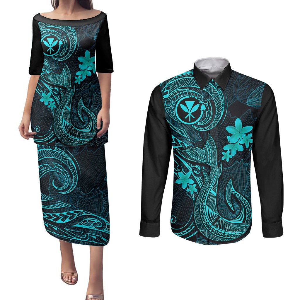 Hawaii Couples Matching Puletasi Dress and Long Sleeve Button Shirts Fish Hook Tattoo Mix Polynesian Plumeria Turquoise Version LT14 Turquoise - Polynesian Pride