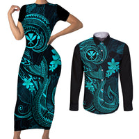 Hawaii Couples Matching Short Sleeve Bodycon Dress and Long Sleeve Button Shirts Fish Hook Tattoo Mix Polynesian Plumeria Turquoise Version LT14 Turquoise - Polynesian Pride