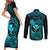 Hawaii Couples Matching Short Sleeve Bodycon Dress and Long Sleeve Button Shirts Fish Hook Tattoo Mix Polynesian Plumeria Turquoise Version LT14 - Polynesian Pride