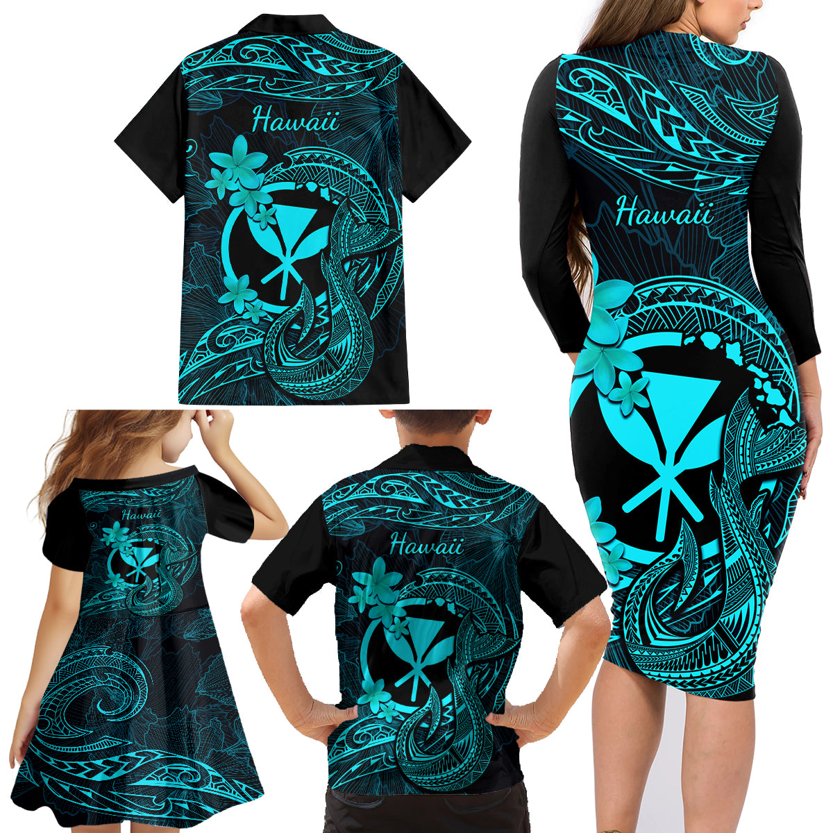 Hawaii Family Matching Long Sleeve Bodycon Dress and Hawaiian Shirt Fish Hook Tattoo Mix Polynesian Plumeria Turquoise Version LT14 - Polynesian Pride