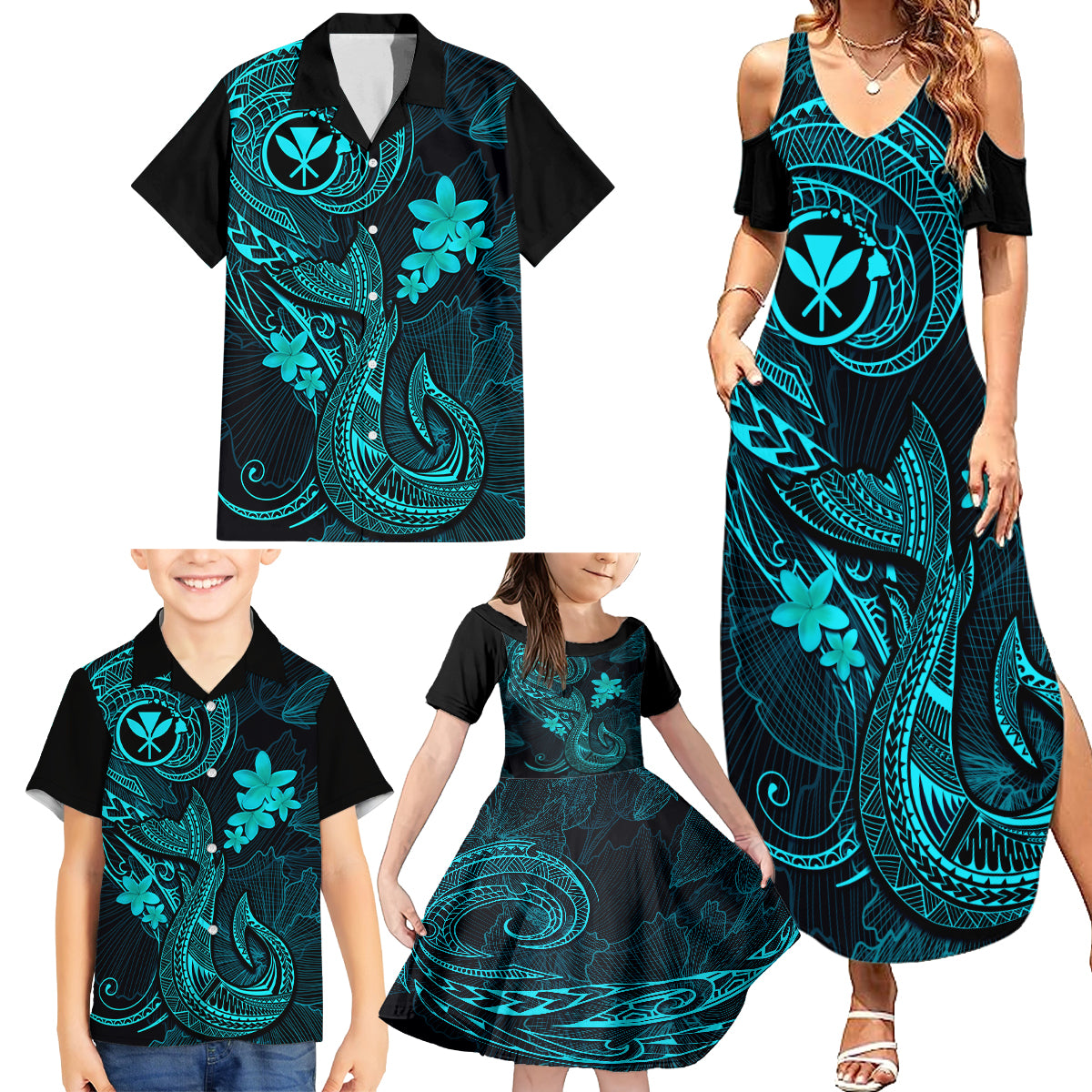 Hawaii Family Matching Summer Maxi Dress and Hawaiian Shirt Fish Hook Tattoo Mix Polynesian Plumeria Turquoise Version LT14 - Polynesian Pride