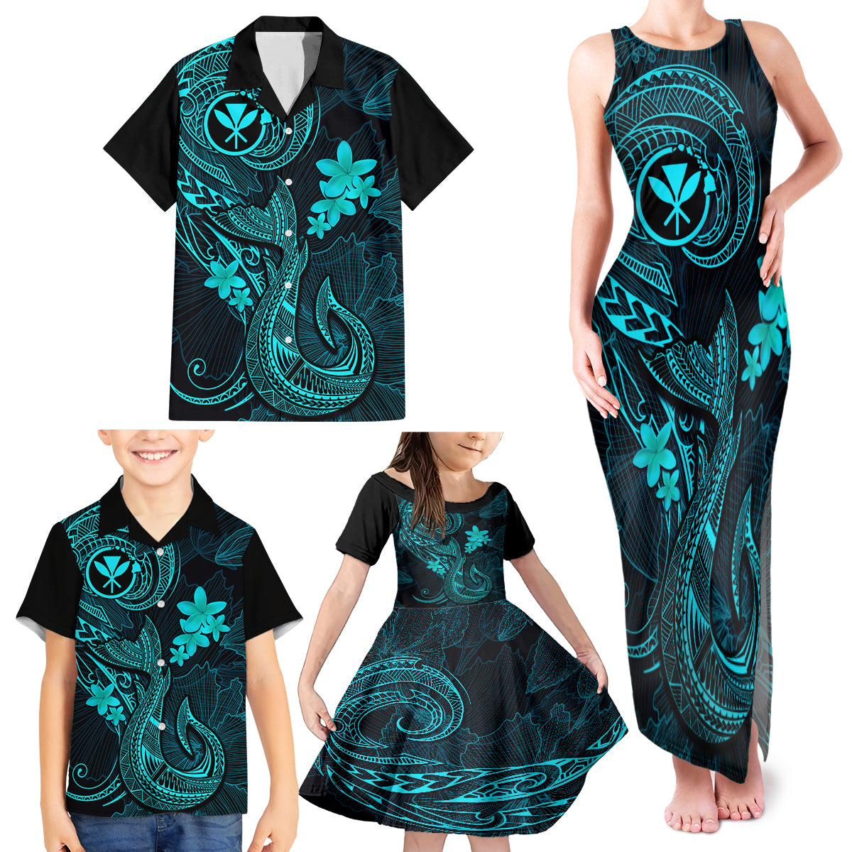 Hawaii Family Matching Tank Maxi Dress and Hawaiian Shirt Fish Hook Tattoo Mix Polynesian Plumeria Turquoise Version LT14 - Polynesian Pride