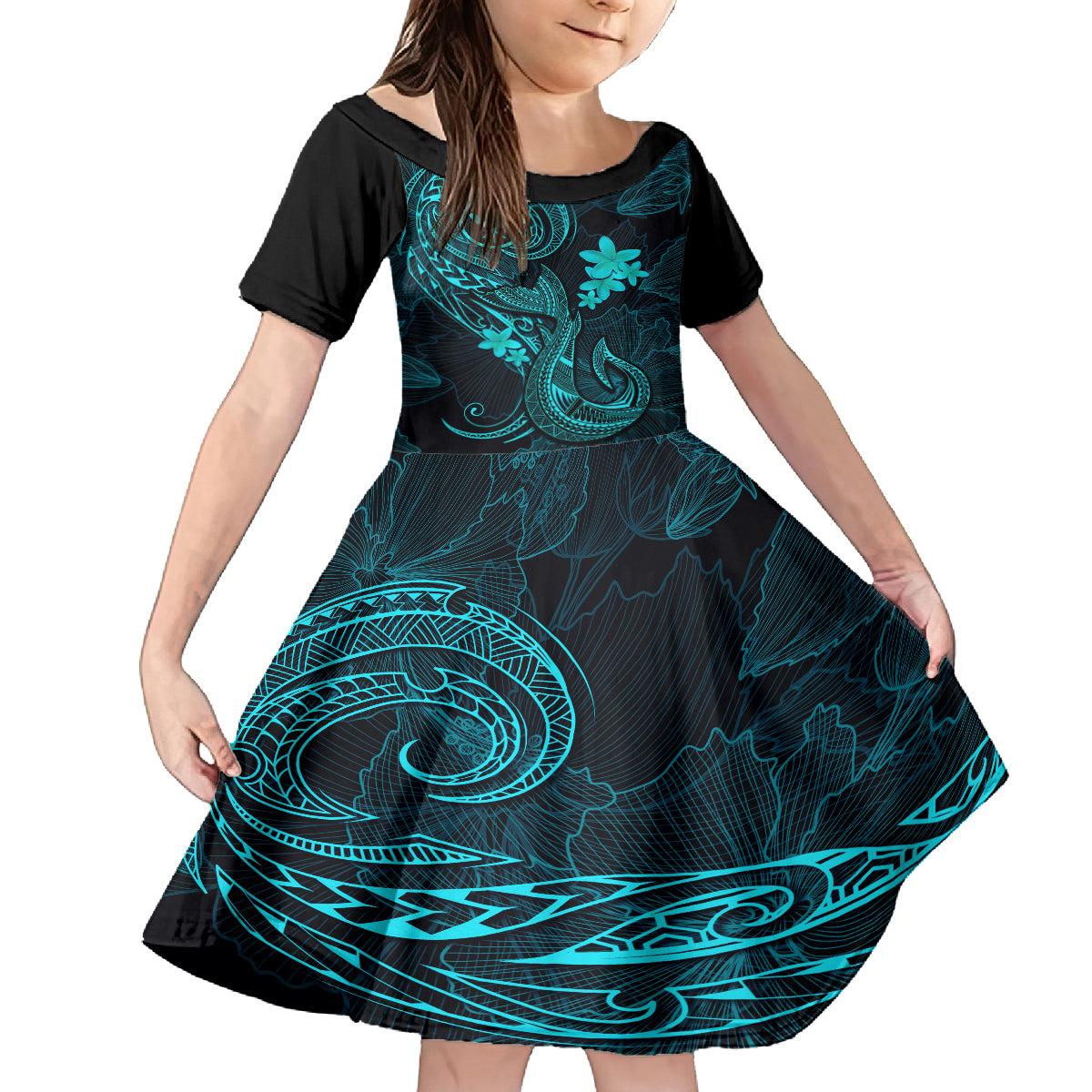 Hawaii Kid Short Sleeve Dress Fish Hook Tattoo Mix Polynesian Plumeria Turquoise Version LT14 KID Turquoise - Polynesian Pride