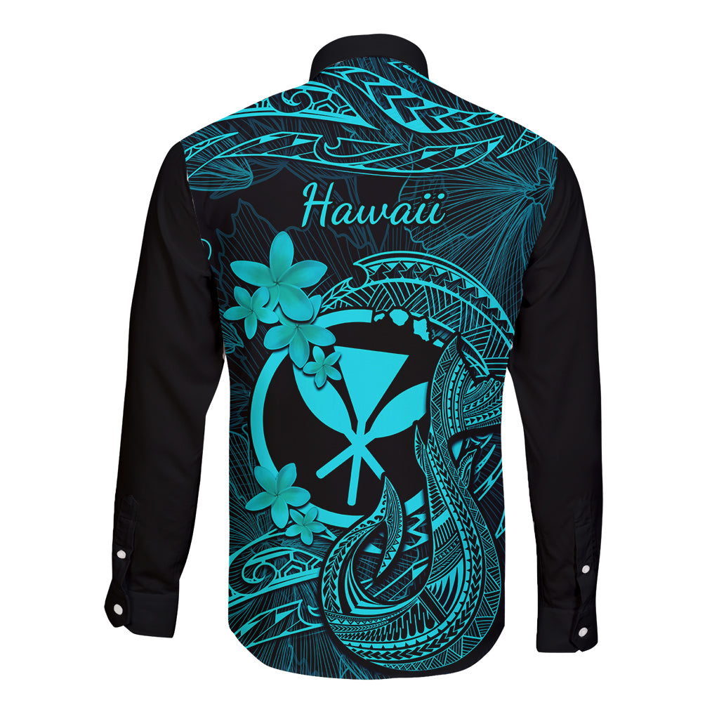 Hawaii Long Sleeve Button Shirt Fish Hook Tattoo Mix Polynesian Plumeria Turquoise Version LT14 - Polynesian Pride