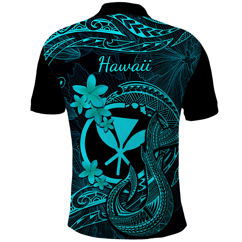 Hawaii Polo Shirt Fish Hook Tattoo Mix Polynesian Plumeria Turquoise Version LT14 - Polynesian Pride