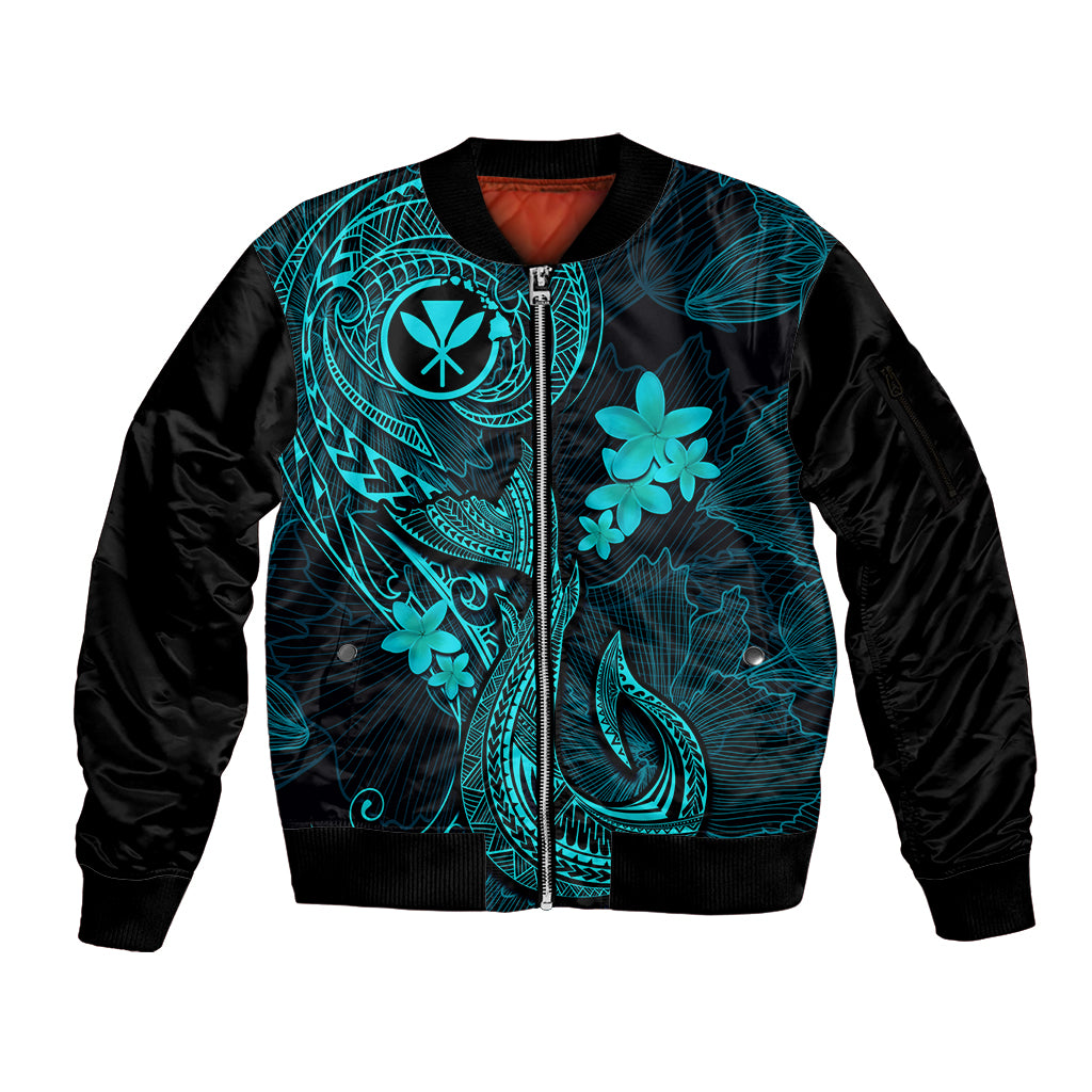 Hawaii Sleeve Zip Bomber Jacket Fish Hook Tattoo Mix Polynesian Plumeria Turquoise Version LT14 Unisex Turquoise - Polynesian Pride