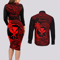 Hawaii Couples Matching Long Sleeve Bodycon Dress and Long Sleeve Button Shirts Fish Hook Tattoo Mix Polynesian Plumeria Red Version LT14 - Polynesian Pride