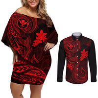 Hawaii Couples Matching Off Shoulder Short Dress and Long Sleeve Button Shirts Fish Hook Tattoo Mix Polynesian Plumeria Red Version LT14 Red - Polynesian Pride