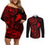 Hawaii Couples Matching Off Shoulder Short Dress and Long Sleeve Button Shirts Fish Hook Tattoo Mix Polynesian Plumeria Red Version LT14 Red - Polynesian Pride