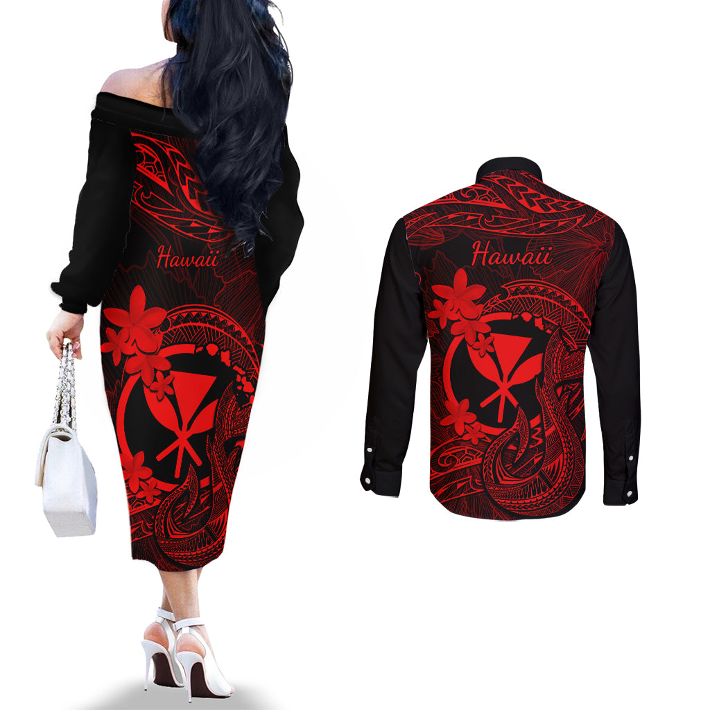 Hawaii Couples Matching Off The Shoulder Long Sleeve Dress and Long Sleeve Button Shirts Fish Hook Tattoo Mix Polynesian Plumeria Red Version LT14 - Polynesian Pride