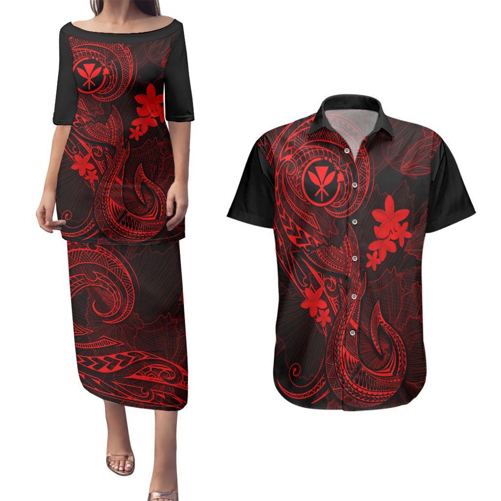 Hawaii Couples Matching Puletasi Dress and Hawaiian Shirt Fish Hook Tattoo Mix Polynesian Plumeria Red Version LT14 Red - Polynesian Pride