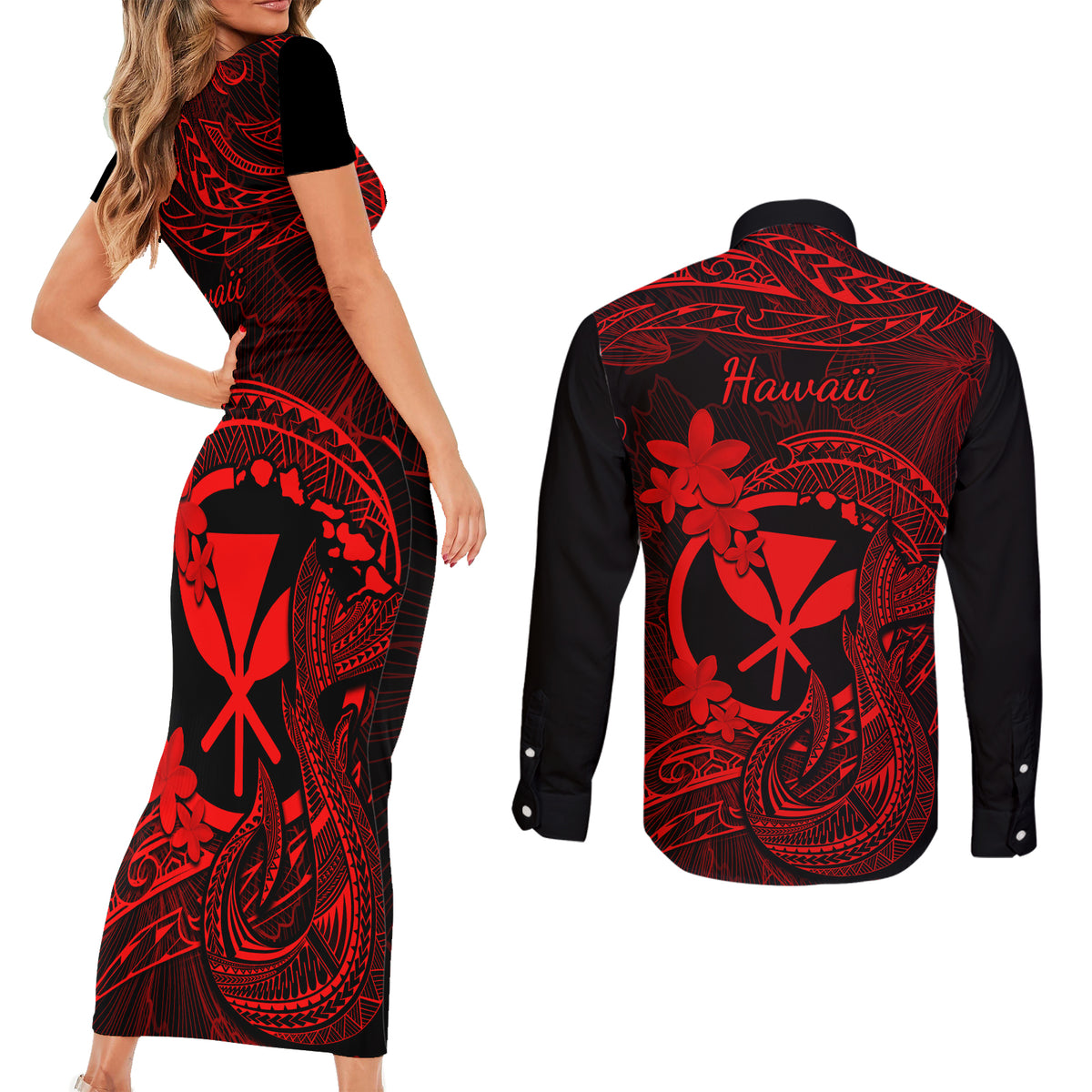 Hawaii Couples Matching Short Sleeve Bodycon Dress and Long Sleeve Button Shirts Fish Hook Tattoo Mix Polynesian Plumeria Red Version LT14 - Polynesian Pride