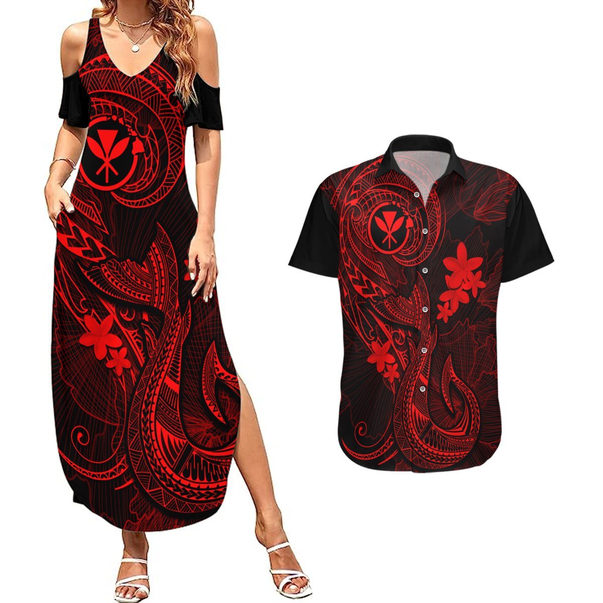 Hawaii Couples Matching Summer Maxi Dress and Hawaiian Shirt Fish Hook Tattoo Mix Polynesian Plumeria Red Version LT14 Red - Polynesian Pride
