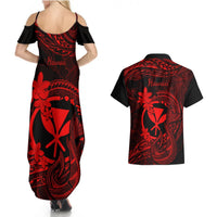 Hawaii Couples Matching Summer Maxi Dress and Hawaiian Shirt Fish Hook Tattoo Mix Polynesian Plumeria Red Version LT14 - Polynesian Pride