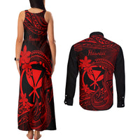 Hawaii Couples Matching Tank Maxi Dress and Long Sleeve Button Shirts Fish Hook Tattoo Mix Polynesian Plumeria Red Version LT14 - Polynesian Pride