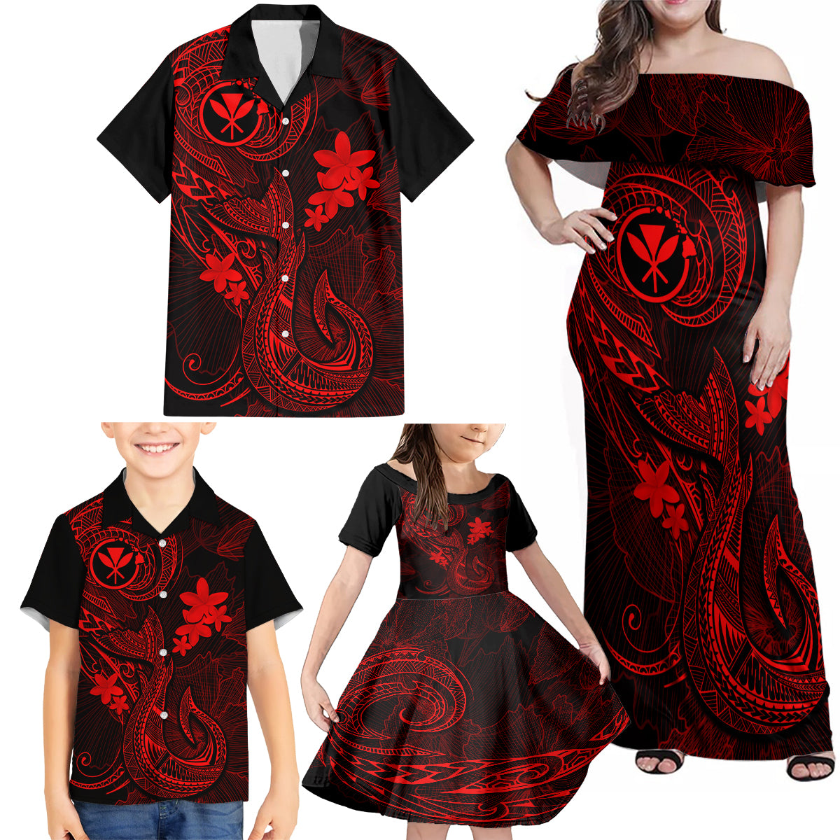 Hawaii Family Matching Off Shoulder Maxi Dress and Hawaiian Shirt Fish Hook Tattoo Mix Polynesian Plumeria Red Version LT14 - Polynesian Pride