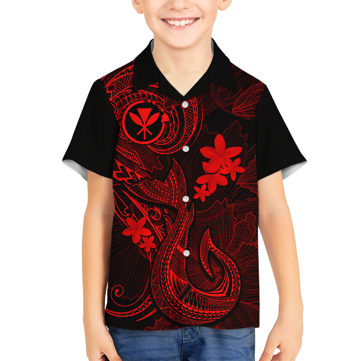 Hawaii Kid Hawaiian Shirt Fish Hook Tattoo Mix Polynesian Plumeria Red Version LT14 - Polynesian Pride