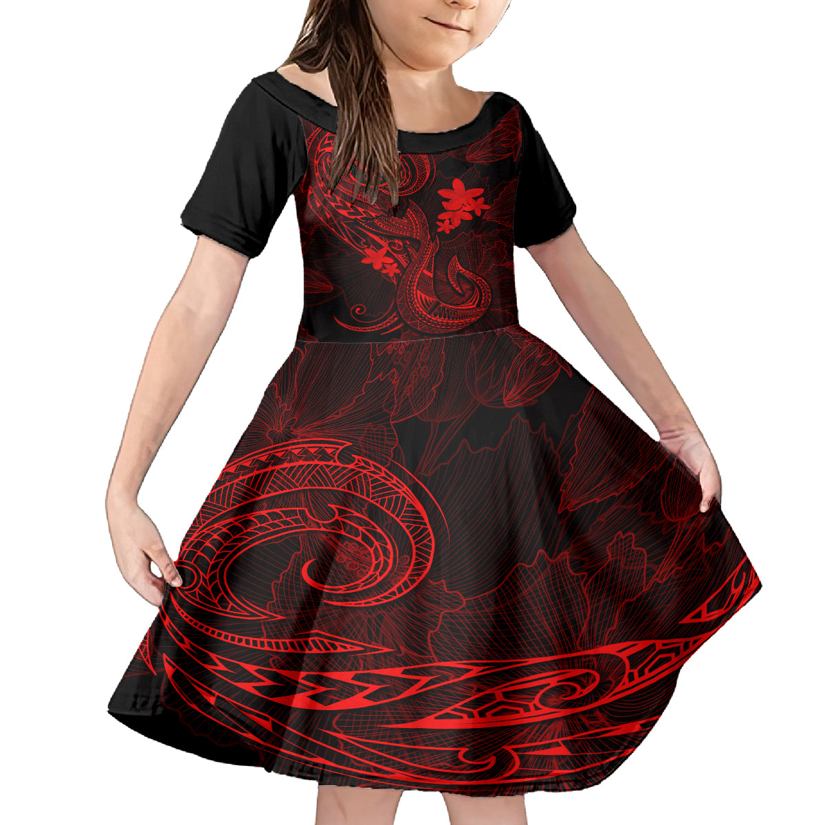 Hawaii Kid Short Sleeve Dress Fish Hook Tattoo Mix Polynesian Plumeria Red Version LT14 KID Red - Polynesian Pride