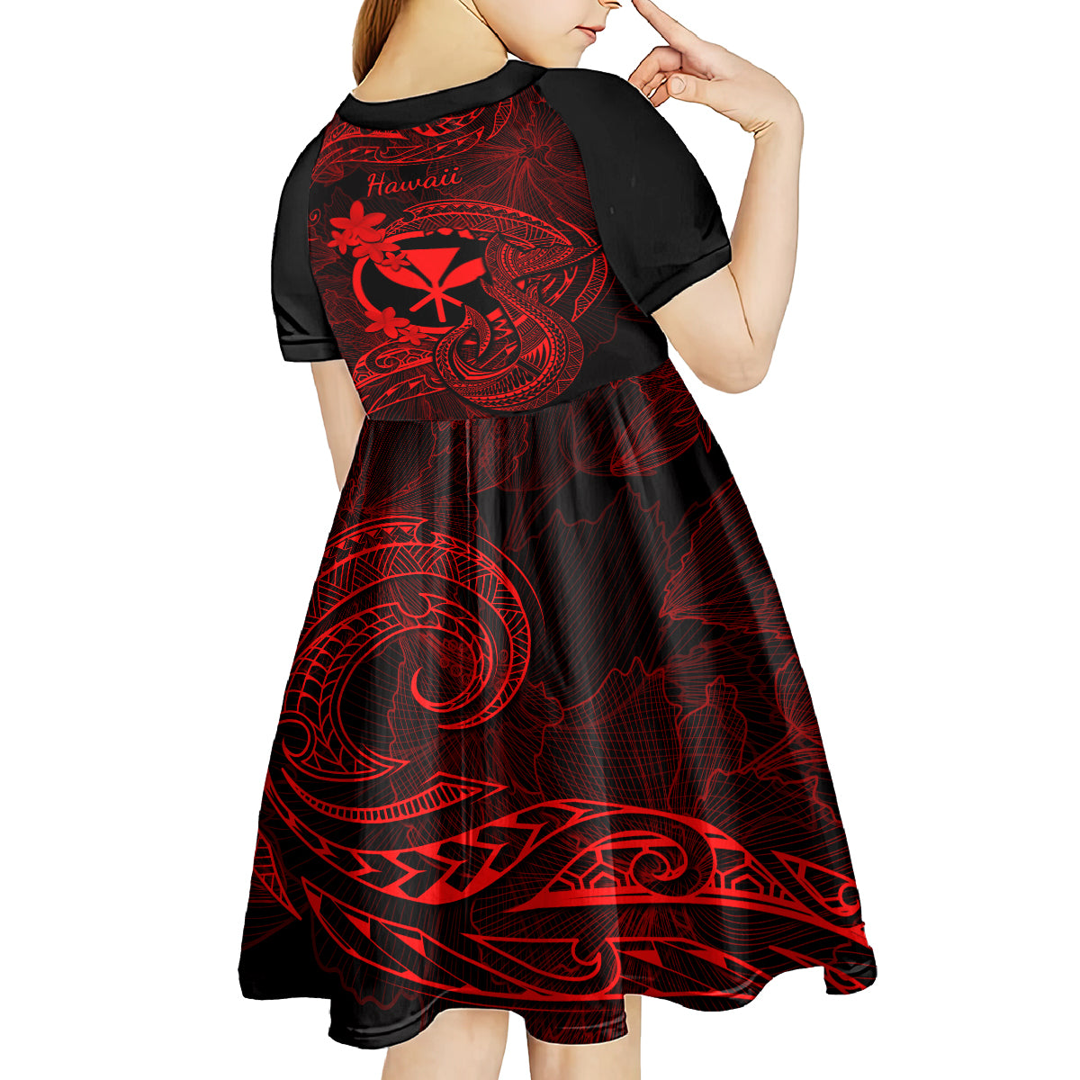 Hawaii Kid Short Sleeve Dress Fish Hook Tattoo Mix Polynesian Plumeria Red Version LT14 - Polynesian Pride