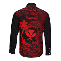 Hawaii Long Sleeve Button Shirt Fish Hook Tattoo Mix Polynesian Plumeria Red Version LT14 - Polynesian Pride