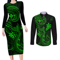 Hawaii Couples Matching Long Sleeve Bodycon Dress and Long Sleeve Button Shirts Fish Hook Tattoo Mix Polynesian Plumeria Green Version LT14 Green - Polynesian Pride
