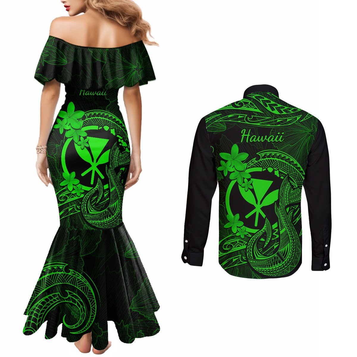 Hawaii Couples Matching Mermaid Dress and Long Sleeve Button Shirts Fish Hook Tattoo Mix Polynesian Plumeria Green Version LT14 - Polynesian Pride