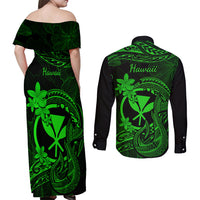 Hawaii Couples Matching Off Shoulder Maxi Dress and Long Sleeve Button Shirts Fish Hook Tattoo Mix Polynesian Plumeria Green Version LT14 - Polynesian Pride