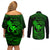 Hawaii Couples Matching Off Shoulder Short Dress and Long Sleeve Button Shirts Fish Hook Tattoo Mix Polynesian Plumeria Green Version LT14 - Polynesian Pride