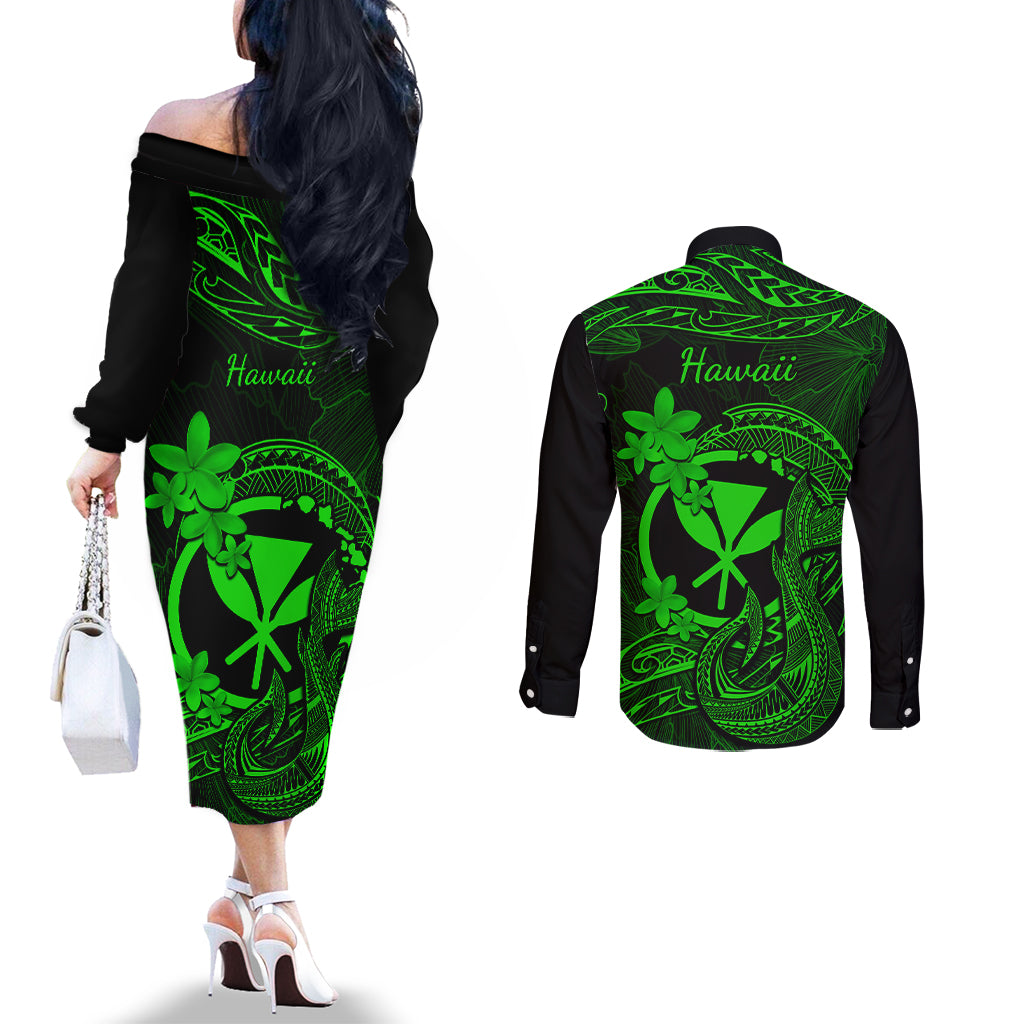 Hawaii Couples Matching Off The Shoulder Long Sleeve Dress and Long Sleeve Button Shirts Fish Hook Tattoo Mix Polynesian Plumeria Green Version LT14 - Polynesian Pride