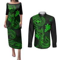 Hawaii Couples Matching Puletasi Dress and Long Sleeve Button Shirts Fish Hook Tattoo Mix Polynesian Plumeria Green Version LT14 Green - Polynesian Pride