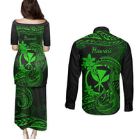 Hawaii Couples Matching Puletasi Dress and Long Sleeve Button Shirts Fish Hook Tattoo Mix Polynesian Plumeria Green Version LT14 - Polynesian Pride