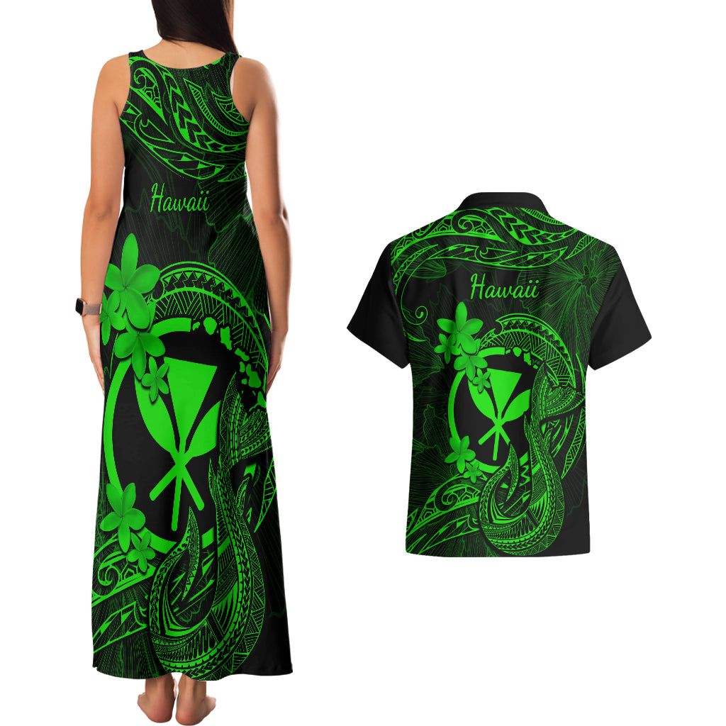 Hawaii Couples Matching Tank Maxi Dress and Hawaiian Shirt Fish Hook Tattoo Mix Polynesian Plumeria Green Version LT14 - Polynesian Pride