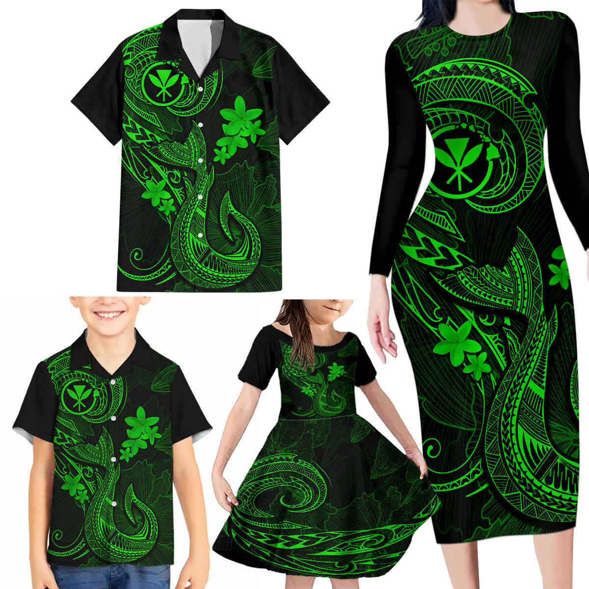 Hawaii Family Matching Long Sleeve Bodycon Dress and Hawaiian Shirt Fish Hook Tattoo Mix Polynesian Plumeria Green Version LT14 - Polynesian Pride