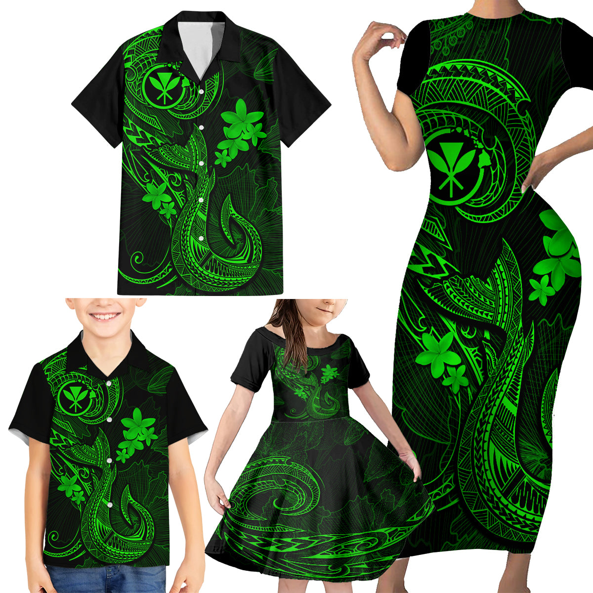 Hawaii Family Matching Short Sleeve Bodycon Dress and Hawaiian Shirt Fish Hook Tattoo Mix Polynesian Plumeria Green Version LT14 - Polynesian Pride