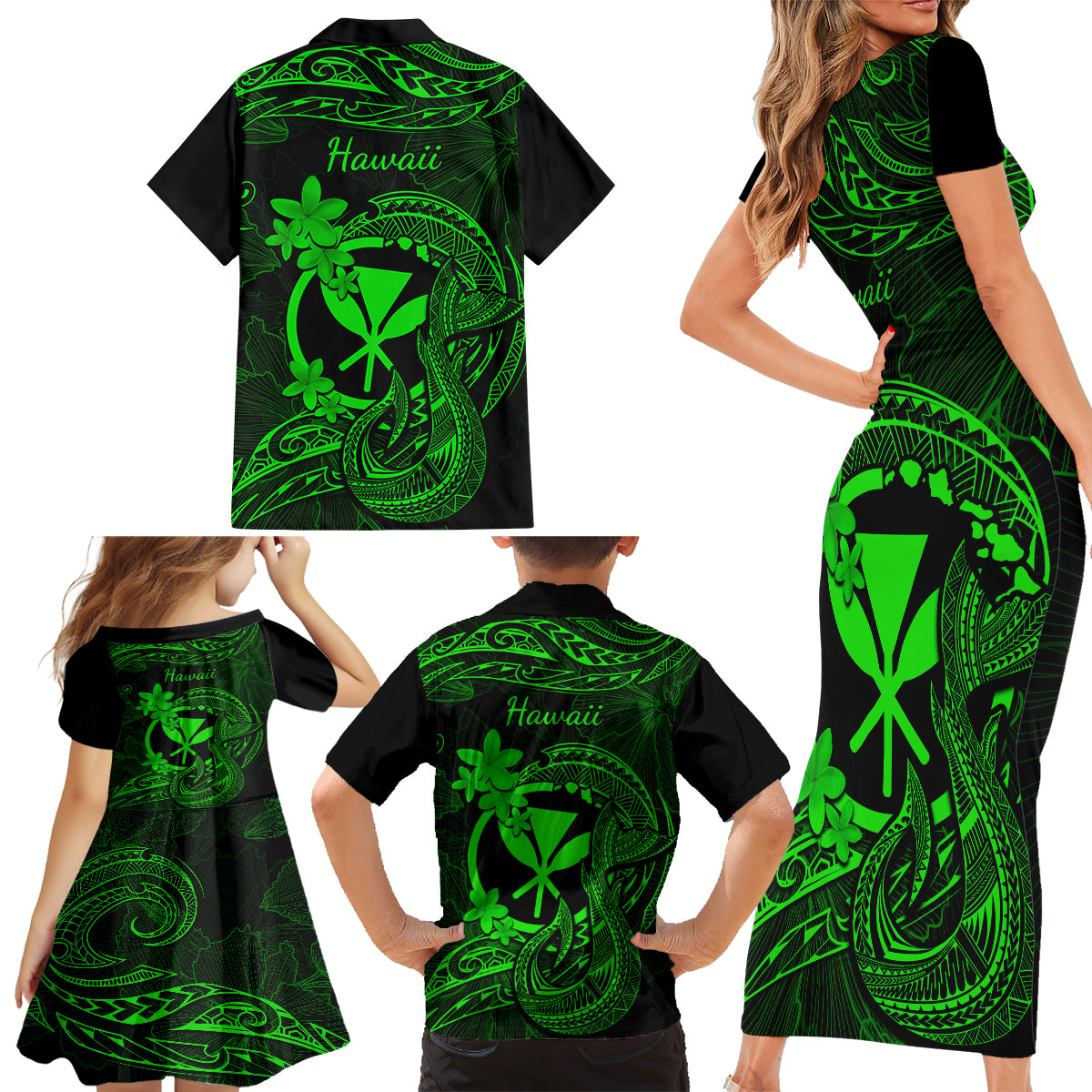 Hawaii Family Matching Short Sleeve Bodycon Dress and Hawaiian Shirt Fish Hook Tattoo Mix Polynesian Plumeria Green Version LT14 - Polynesian Pride