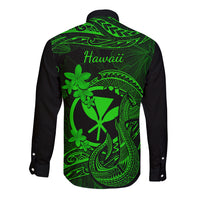 Hawaii Long Sleeve Button Shirt Fish Hook Tattoo Mix Polynesian Plumeria Green Version LT14 - Polynesian Pride