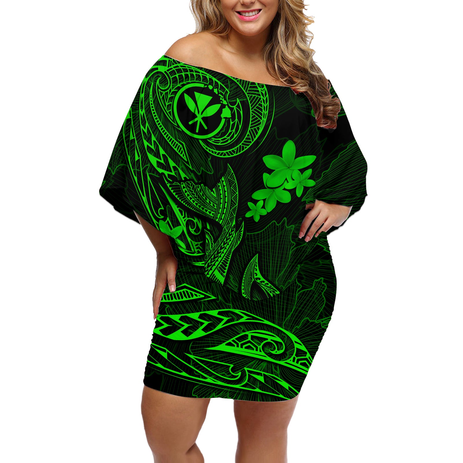 Hawaii Off Shoulder Short Dress Fish Hook Tattoo Mix Polynesian Plumeria Green Version LT14 Women Green - Polynesian Pride
