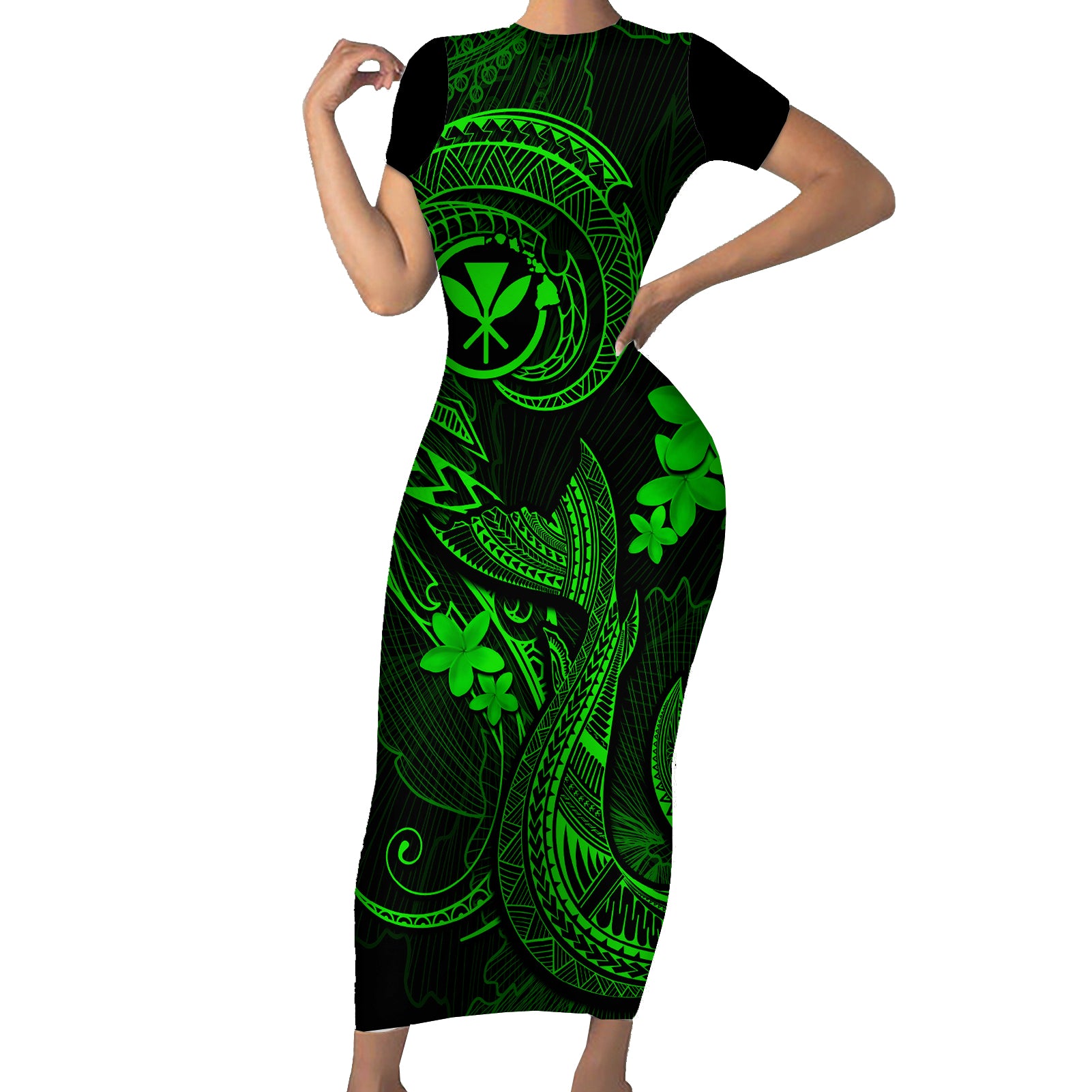 Hawaii Short Sleeve Bodycon Dress Fish Hook Tattoo Mix Polynesian Plumeria Green Version LT14 Long Dress Green - Polynesian Pride
