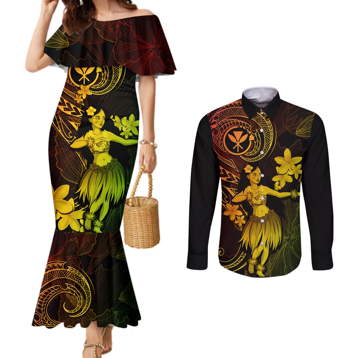 Hawaii Couples Matching Mermaid Dress and Long Sleeve Button Shirts Hula Girl Mix Polynesian Plumeria Reggae Version LT14 Reggae - Polynesian Pride
