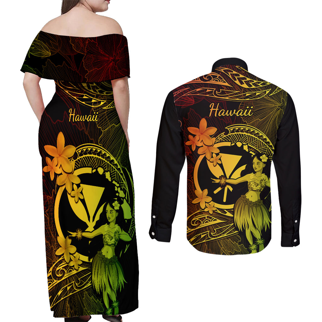 Hawaii Couples Matching Off Shoulder Maxi Dress and Long Sleeve Button Shirts Hula Girl Mix Polynesian Plumeria Reggae Version LT14 - Polynesian Pride