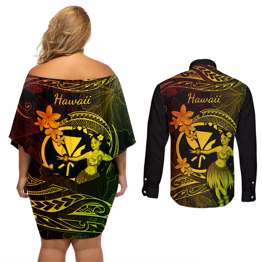Hawaii Couples Matching Off Shoulder Short Dress and Long Sleeve Button Shirts Hula Girl Mix Polynesian Plumeria Reggae Version LT14 - Polynesian Pride