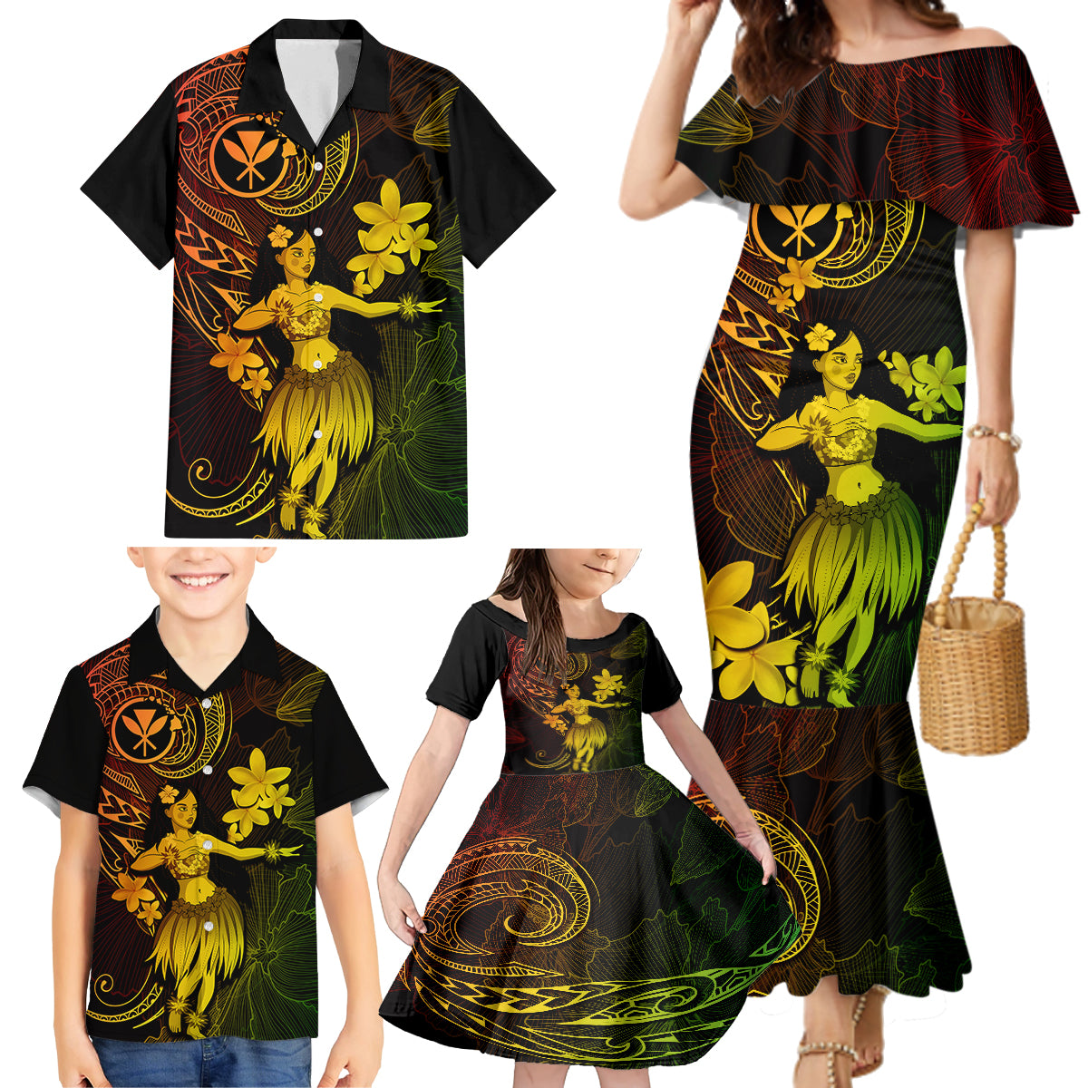 Hawaii Family Matching Mermaid Dress and Hawaiian Shirt Hula Girl Mix Polynesian Plumeria Reggae Version LT14 - Polynesian Pride