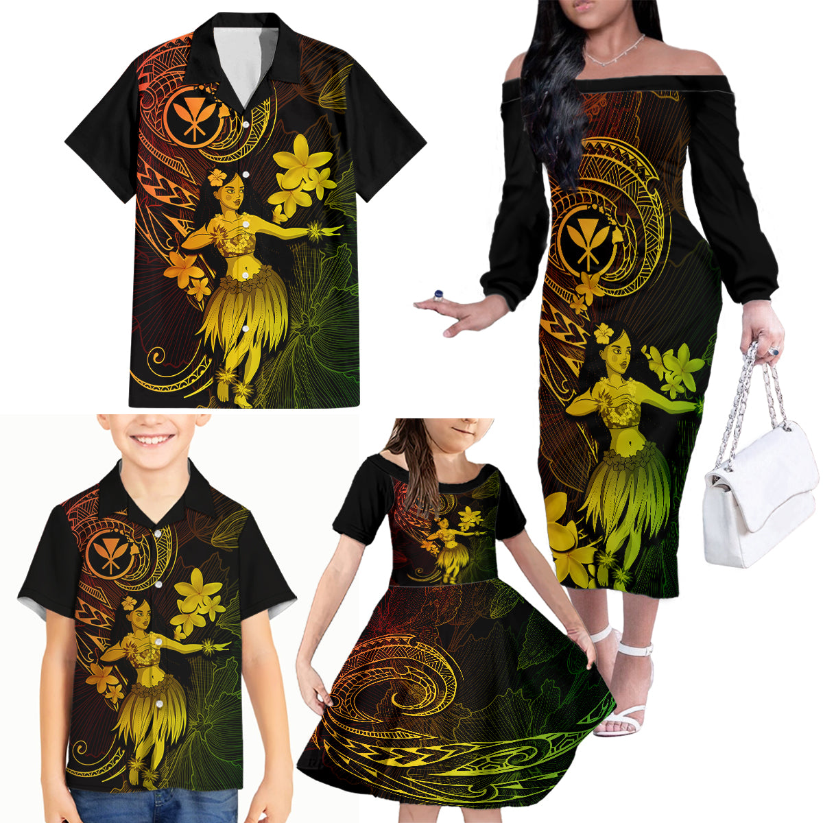 Hawaii Family Matching Off Shoulder Long Sleeve Dress and Hawaiian Shirt Hula Girl Mix Polynesian Plumeria Reggae Version LT14 - Polynesian Pride