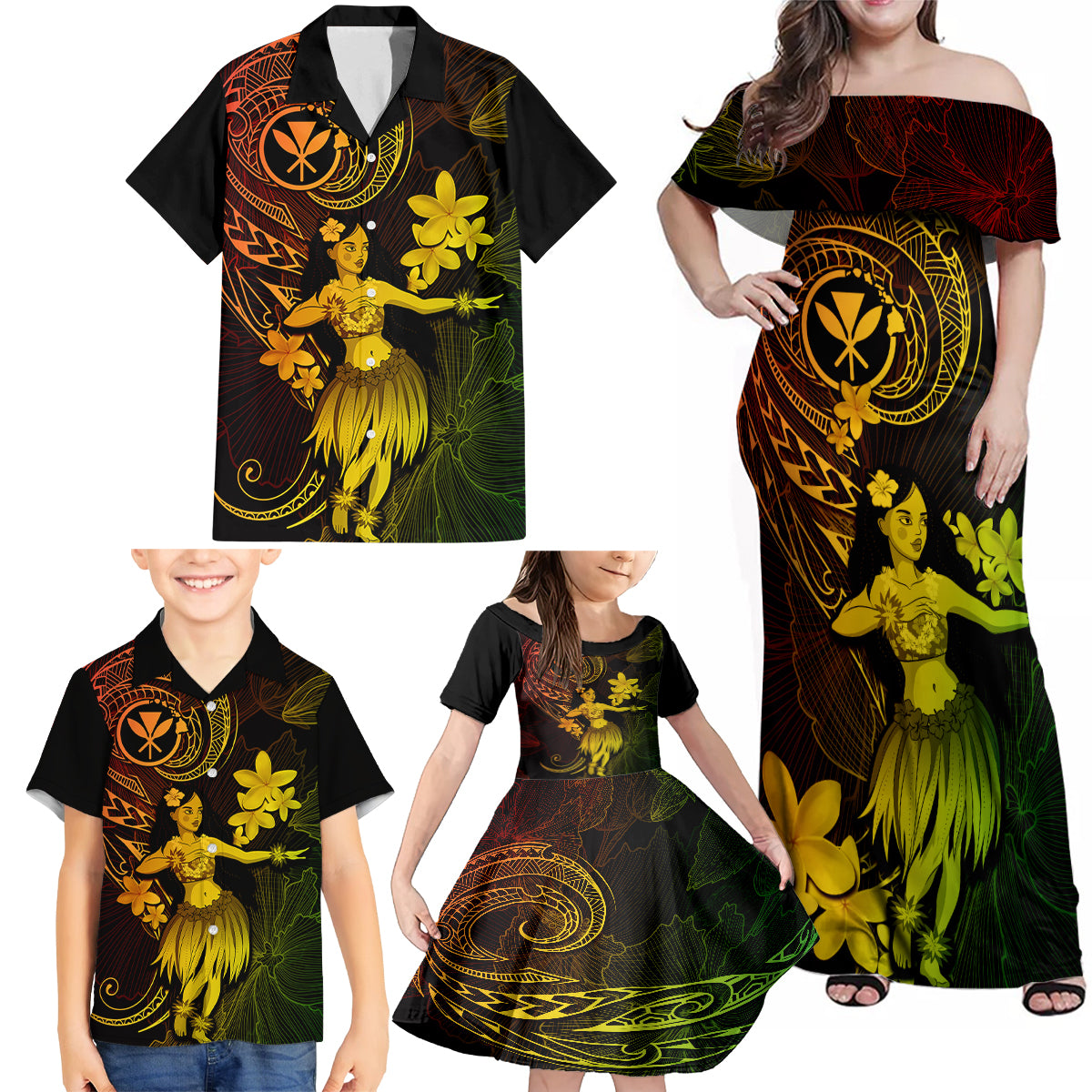 Hawaii Family Matching Off Shoulder Maxi Dress and Hawaiian Shirt Hula Girl Mix Polynesian Plumeria Reggae Version LT14 - Polynesian Pride